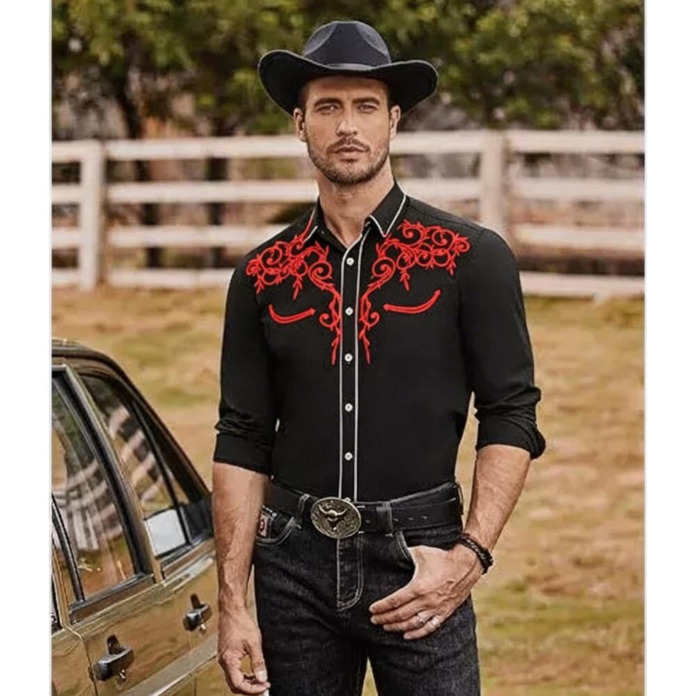 COOFANDY Mens Western Cowboy Button Up Shirt Sz Large Long Sleeve Embroidered